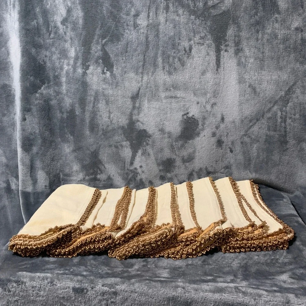 Pier 1 Linen ImportNapkins Set of 8 Cream Gold Beaded Trim Square Traditional
